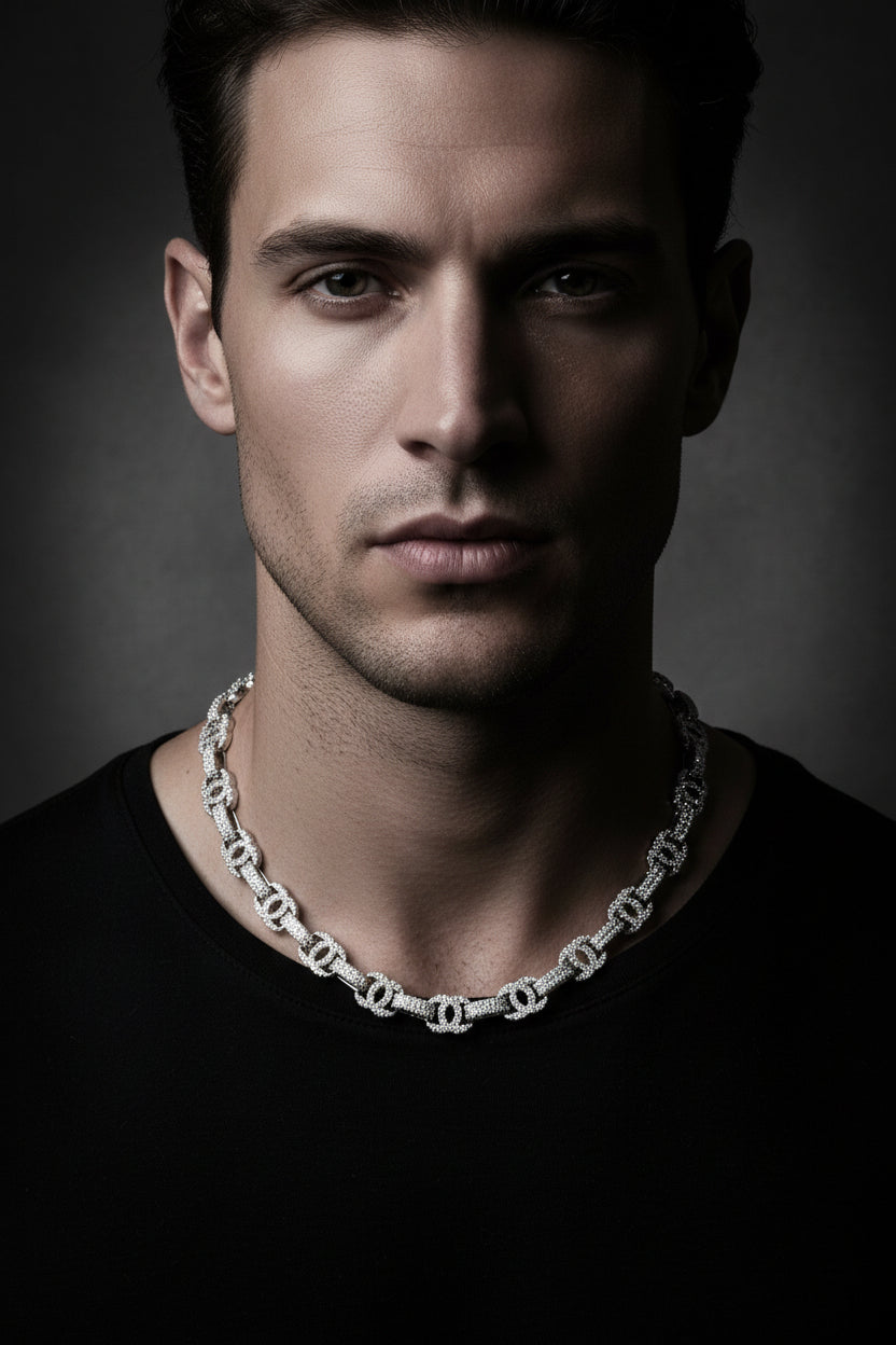 Sterling Silver Solid Chain with VVS Moissanite Stones - 10mm Wide