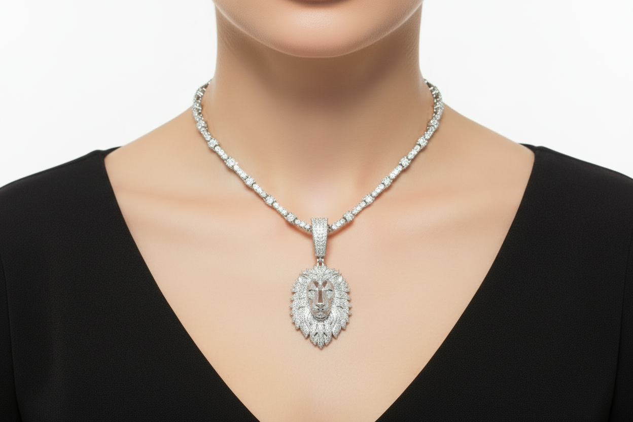 Sterling Silver Iced Lion Head Pendant – VVS Moissanite 4.2 CTW
