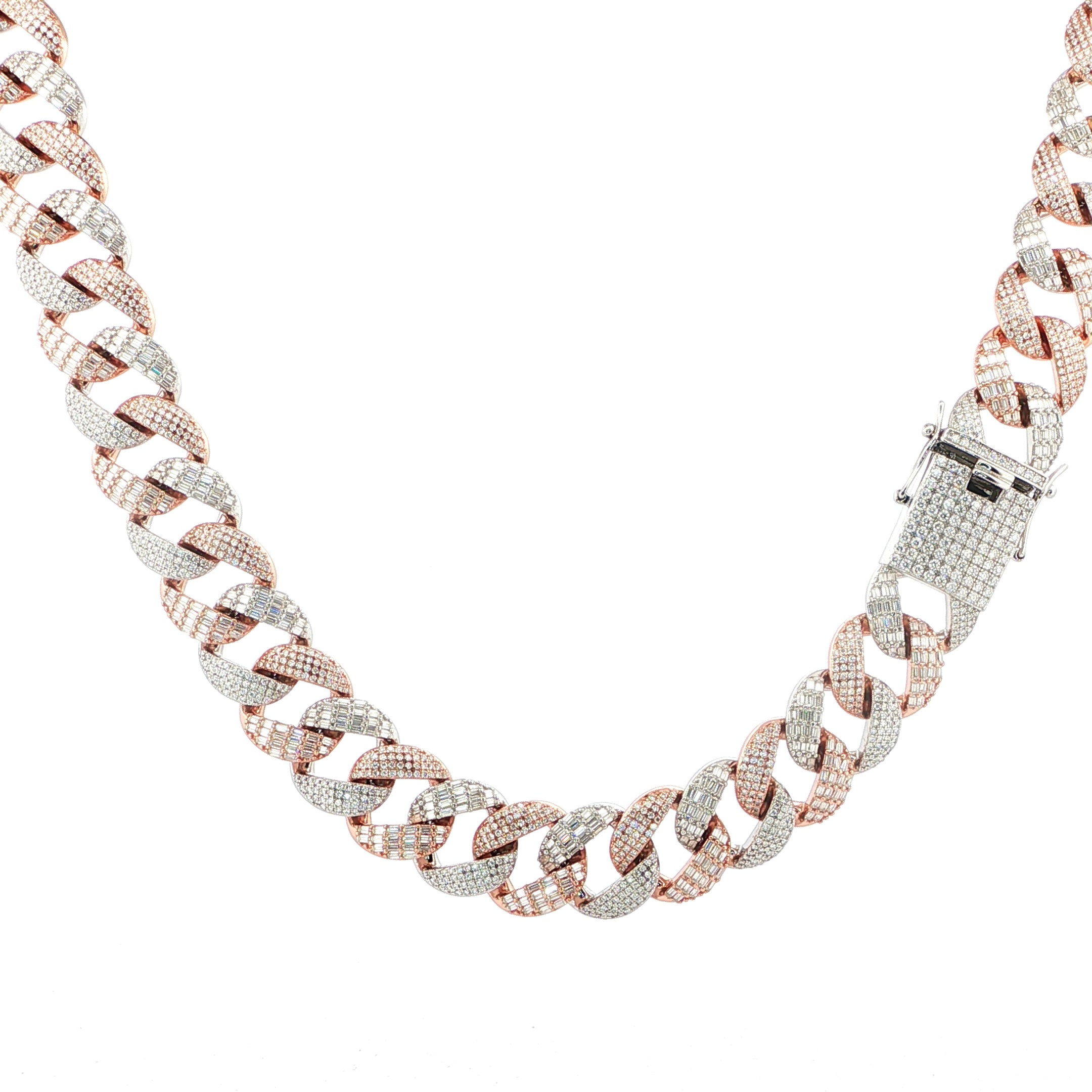 Sterling Silver Solid Miami Cuban Chain Necklace, 16mm, VVS Moissanite Stones, 42.21 Total Carats