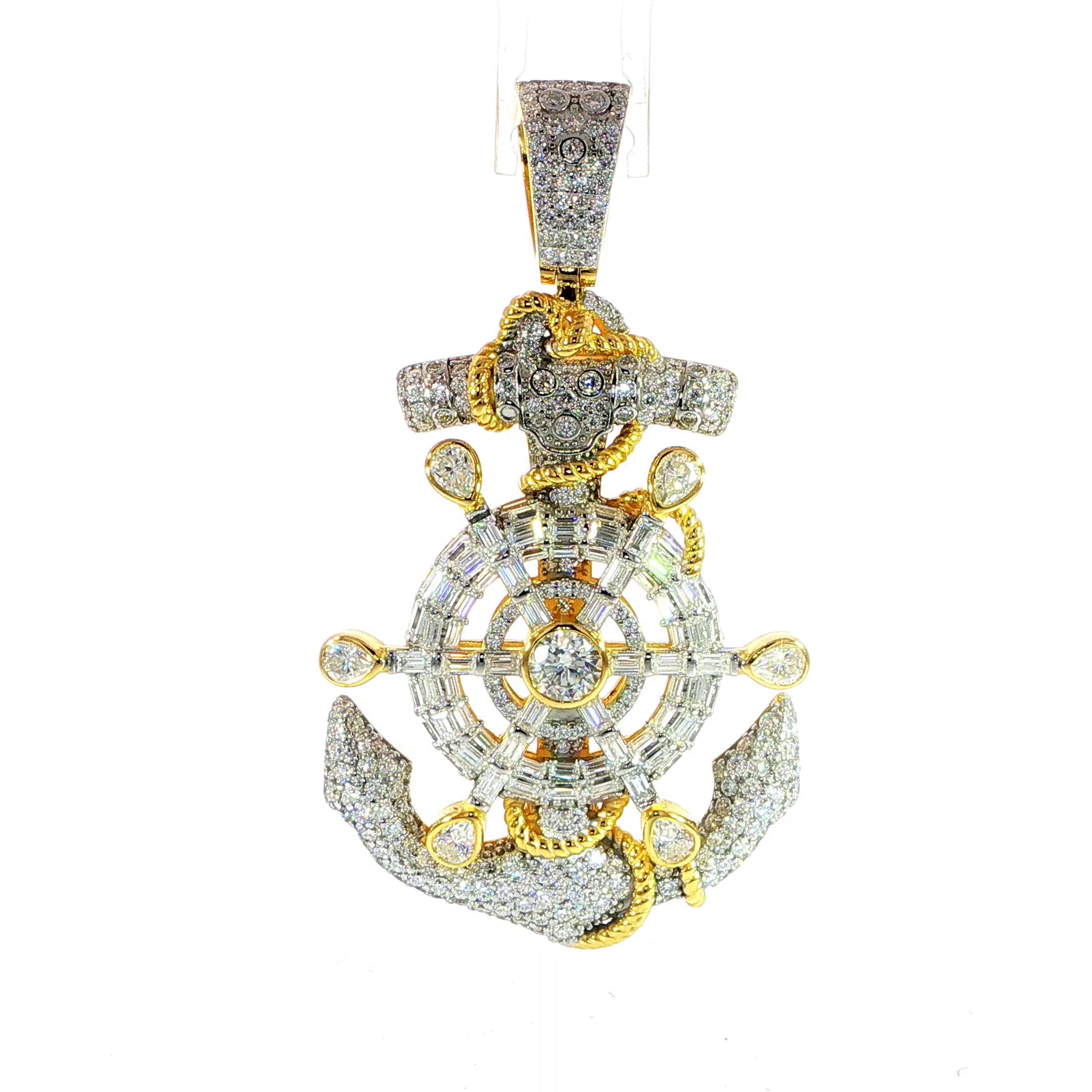 Two-tone 925 sterling silver anchor and ship wheel pendant with VVS moissanite.
