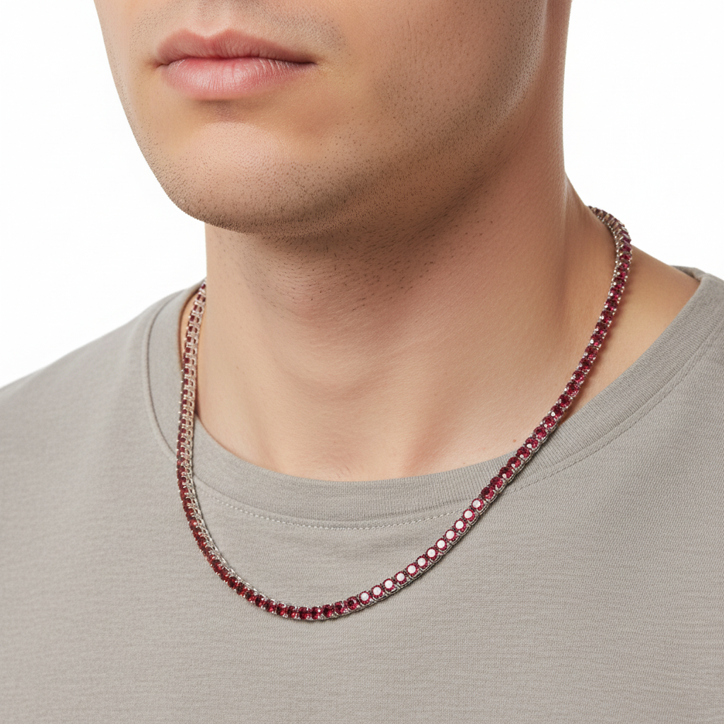 Model Wearing 925 Sterling Silver 4MM Classic Tennis Chain Necklace With Red VVS Moissanite Stones.