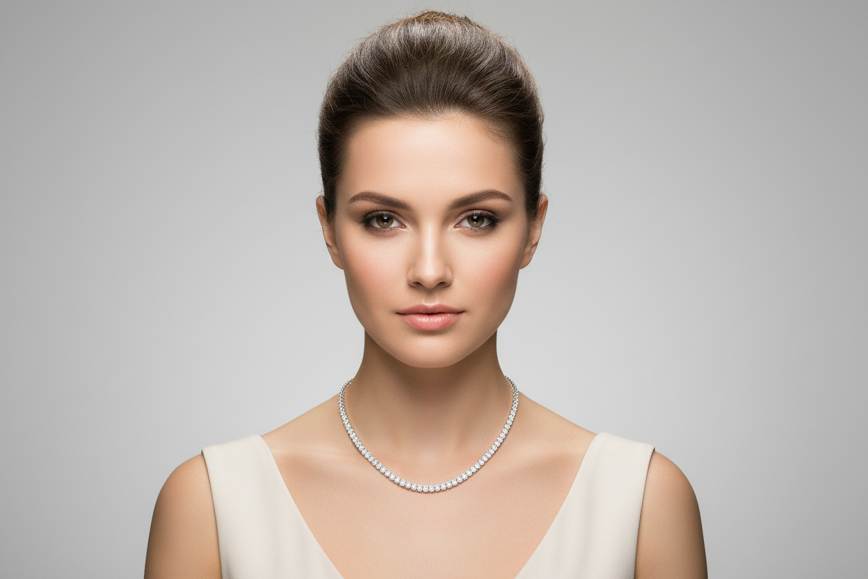 Model Wearing Sterling Silver White Moissanite Tennis Chain Necklace In A 4MM Classic Style.