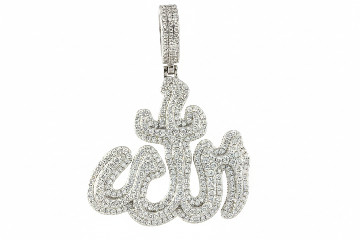 Large Arabic calligraphy Allah pendant with pave-set moissanite stones