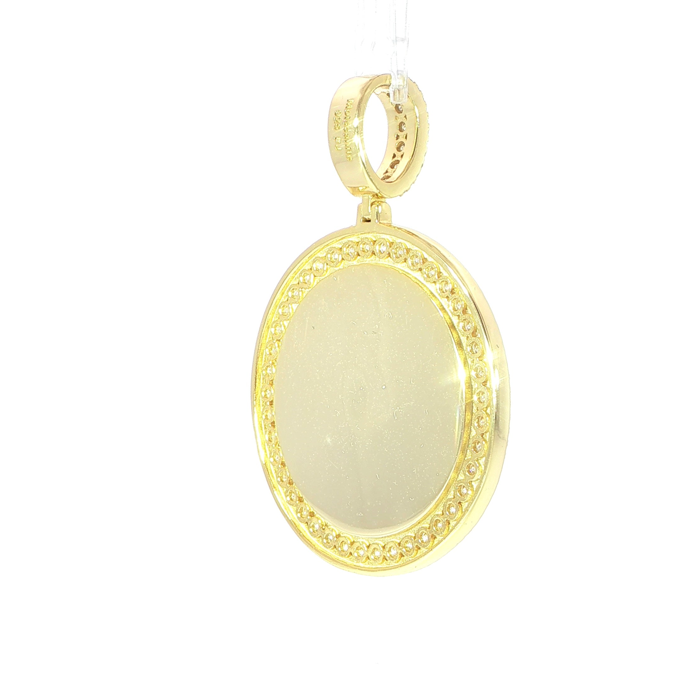 Round photo frame pendant in sterling silver with shimmering moissanite stones