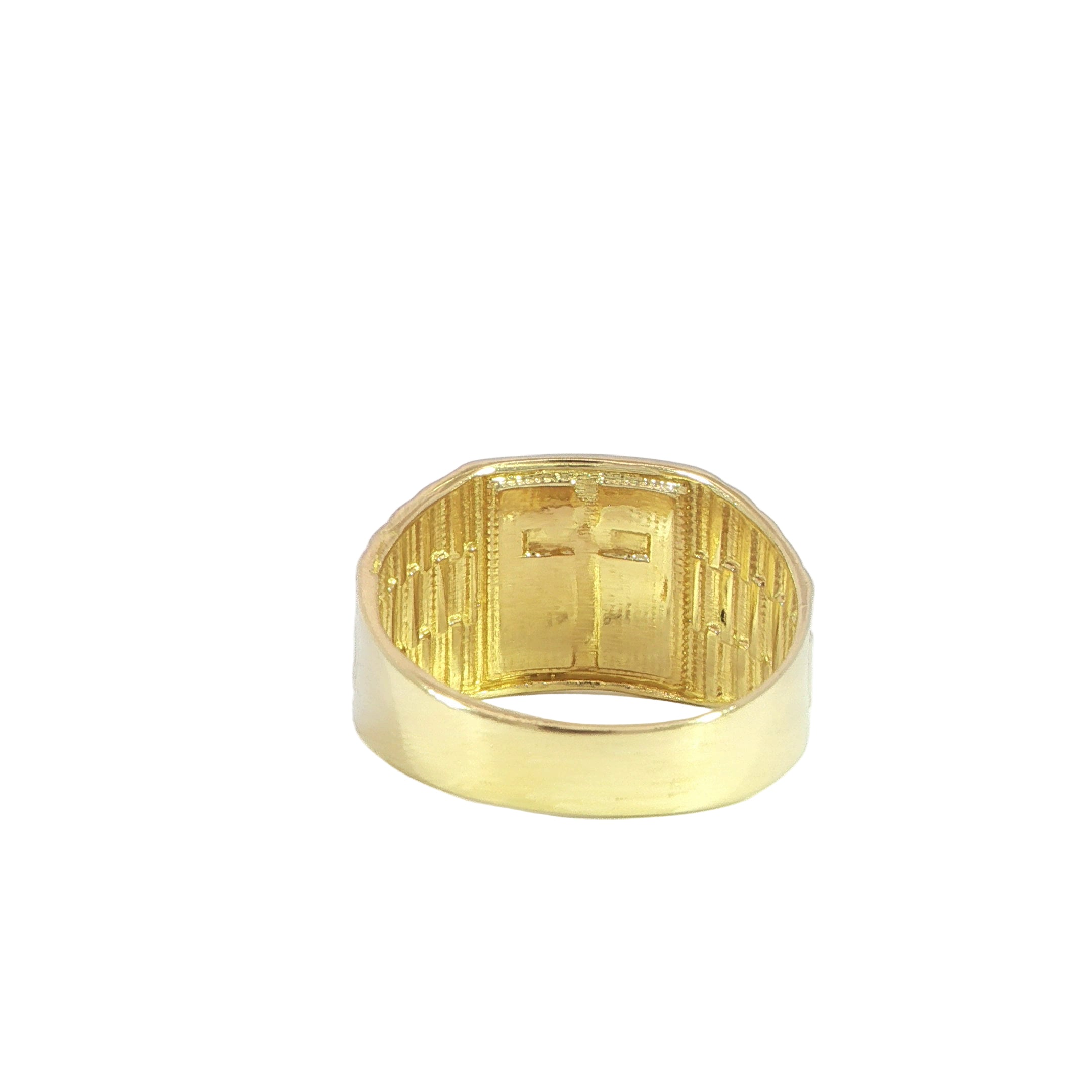Back religious ring in 14K yellow gold with detailed cross design