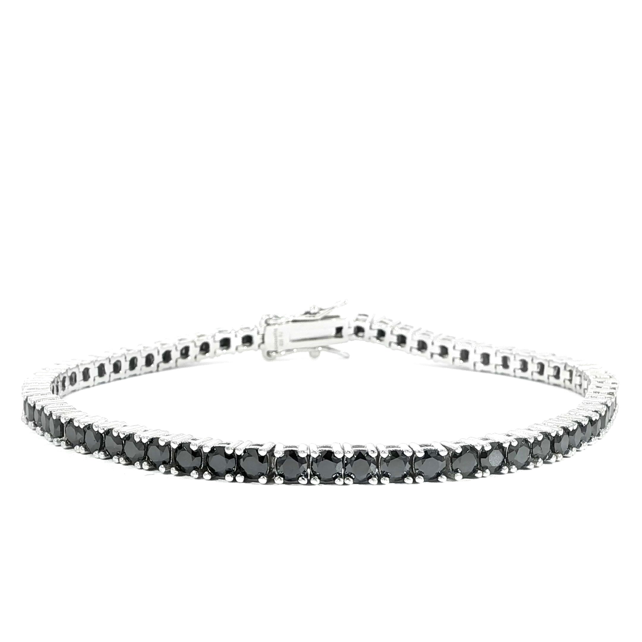 Elegant 3MM black colored moissanite tennis bracelet in polished sterling silver.