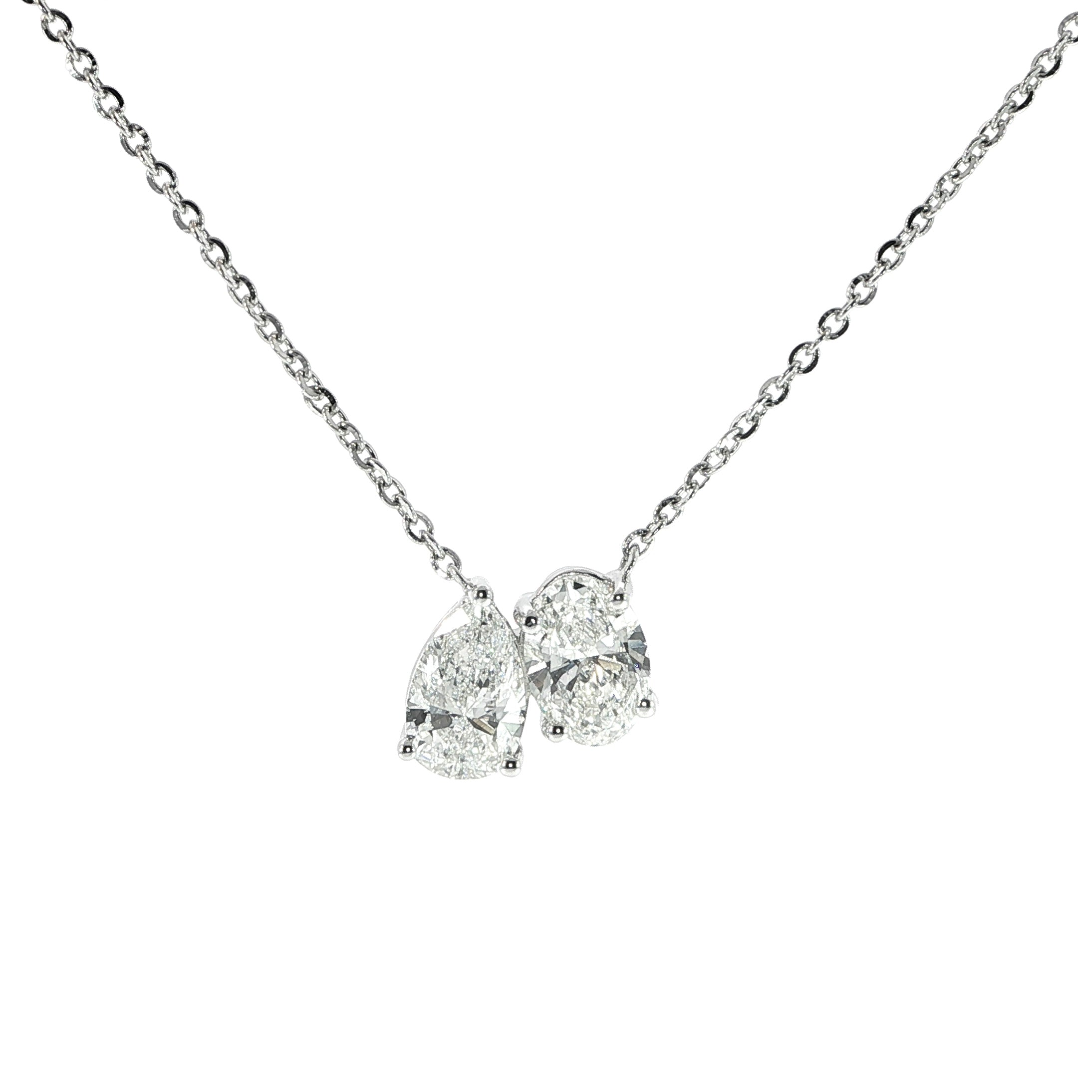 14K White Gold Toi et Moi Oval & Pear Necklace – 2 Carats Each Stone