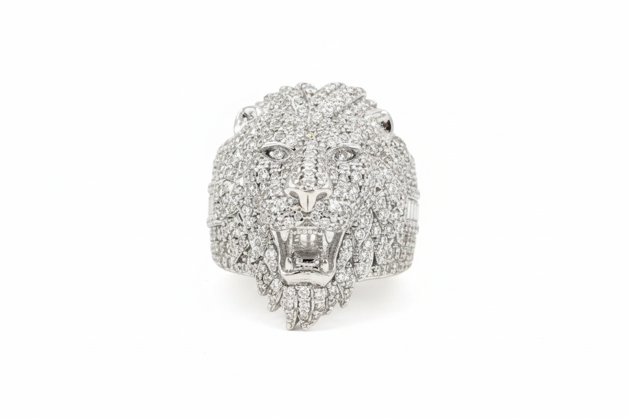 Closeup silver lion head ring