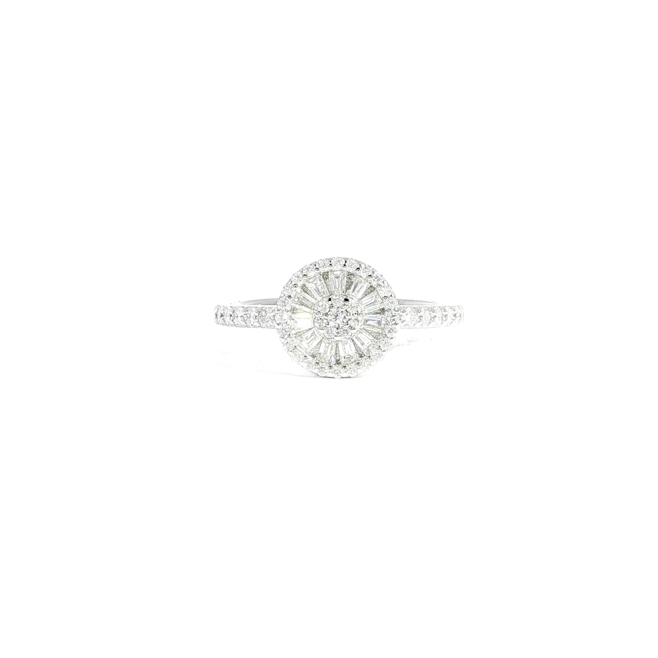 Closeup sterling silver baguette circle ring with halo
