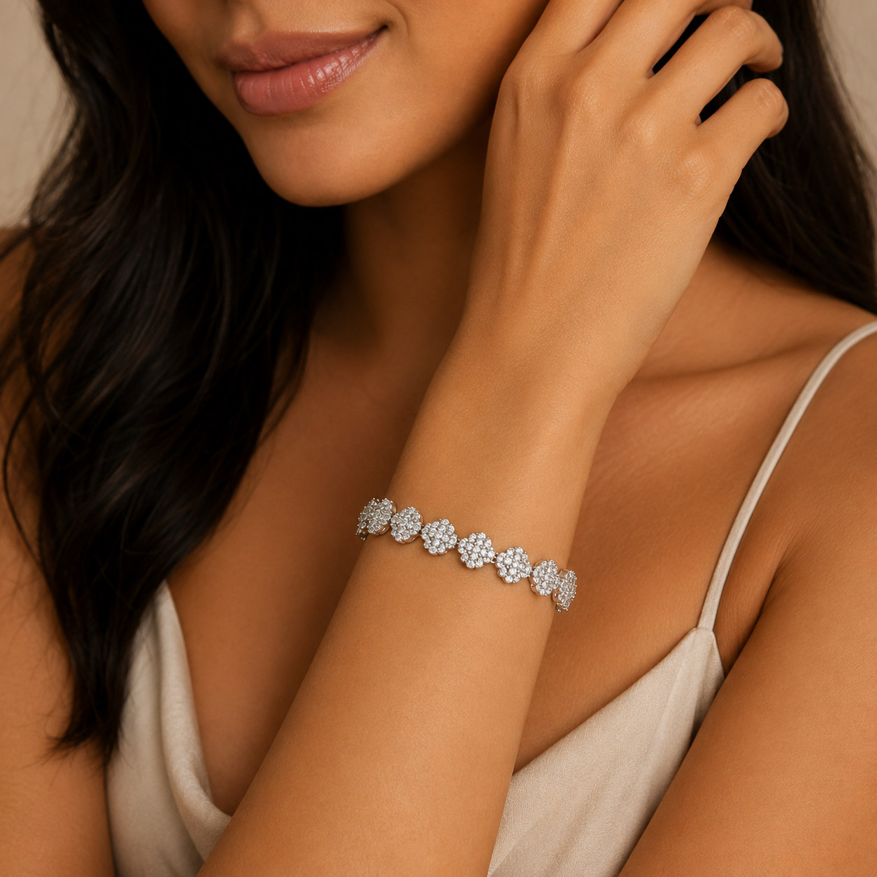 Sterling Silver Clover Style VVS Moissanite Bracelet on Model