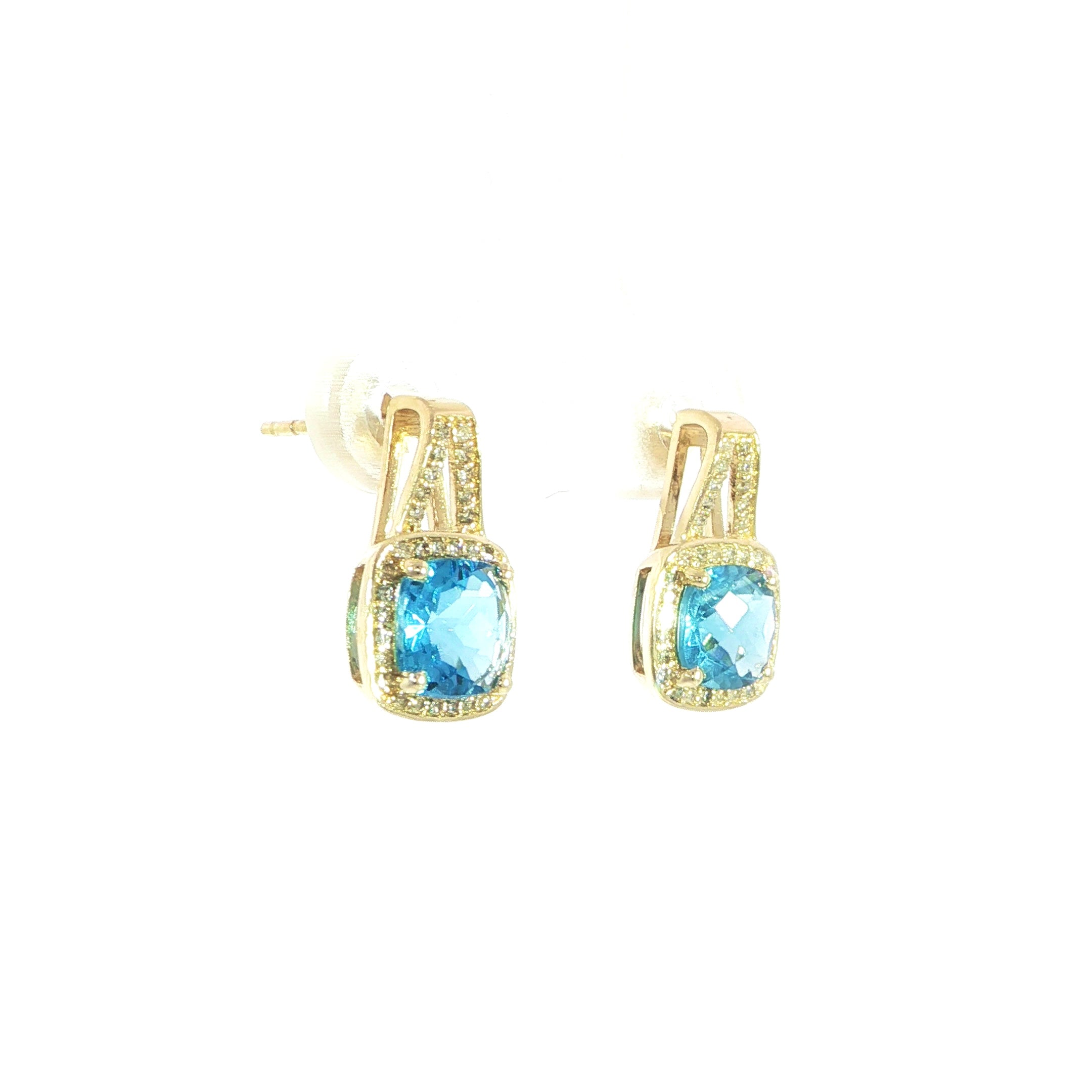 14K Yellow Gold natural Blue Topaz & Diamond Earrings