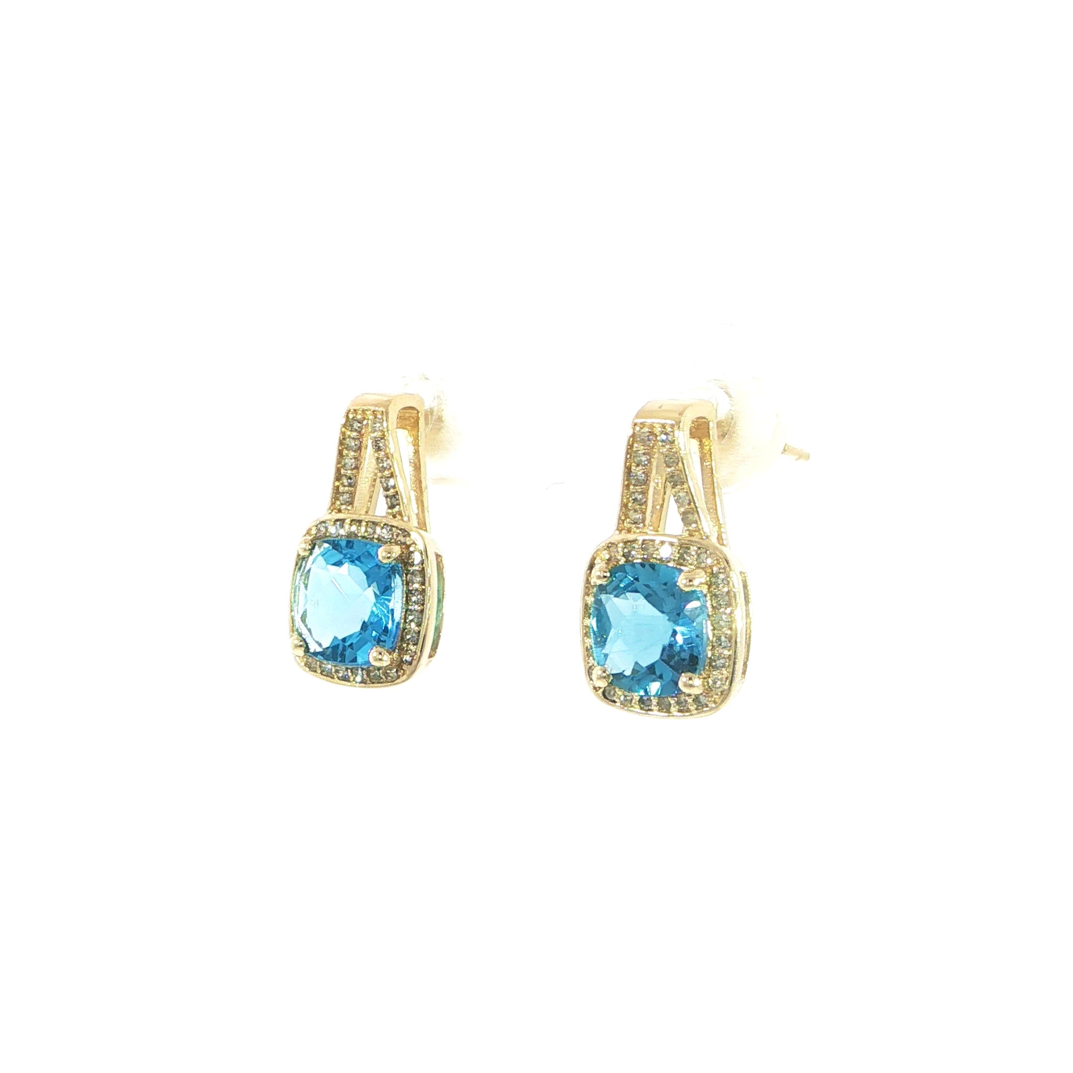 14K Yellow Gold natural Blue Topaz & Diamond Earrings