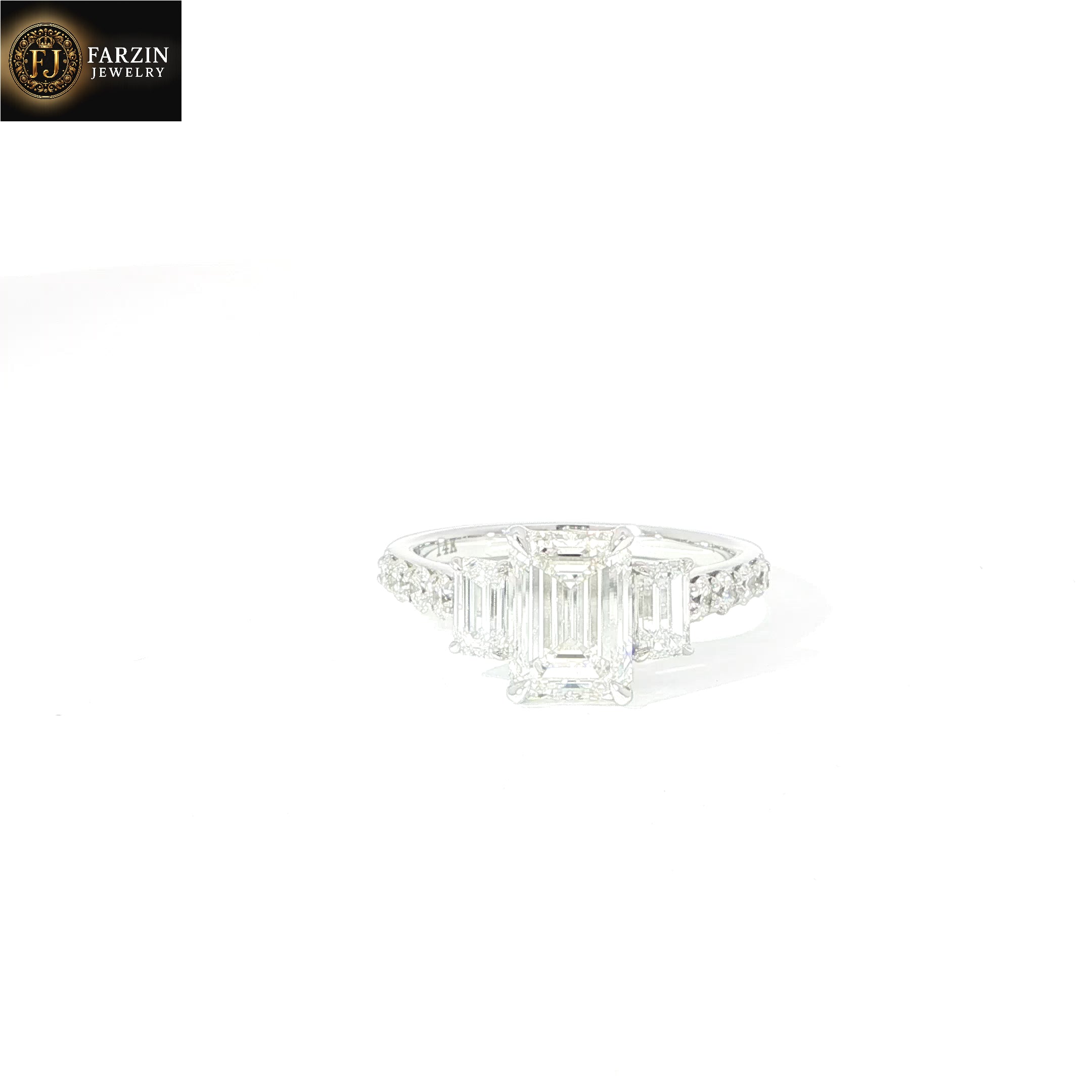 14K Gold 3-Stone Certified Emerald Cut Lab Diamond Ring