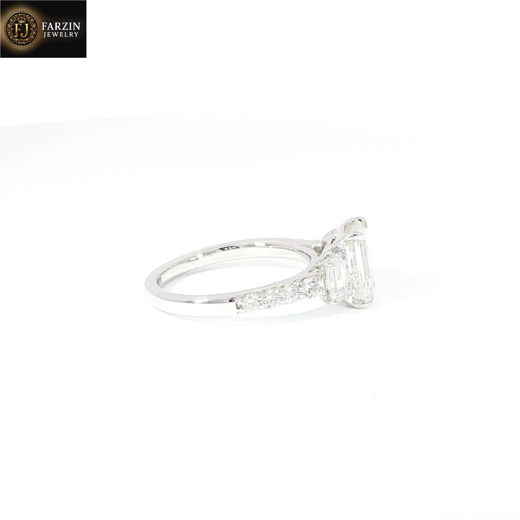 14K Gold 3-Stone Certified Emerald Cut Lab Diamond Ring