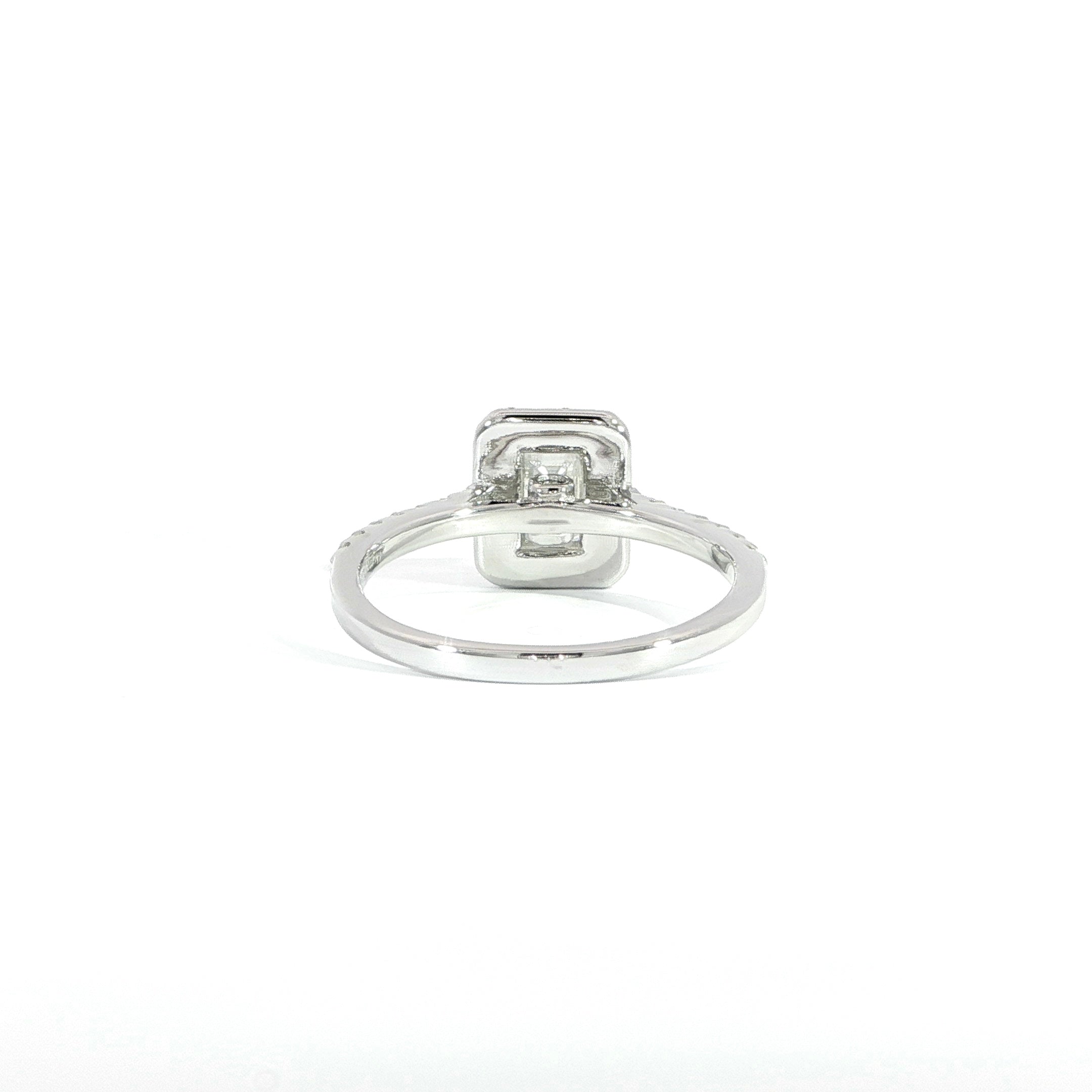Back detail emerald cut moissanite ring silver