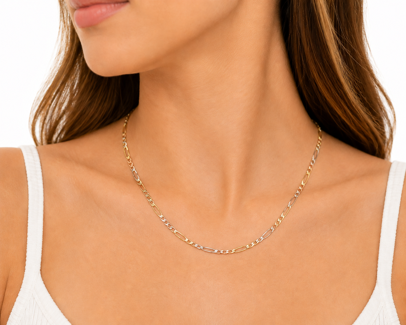 Model Wearing 2.3MM Tri-Color Gold Solid Figaro Chain Necklace