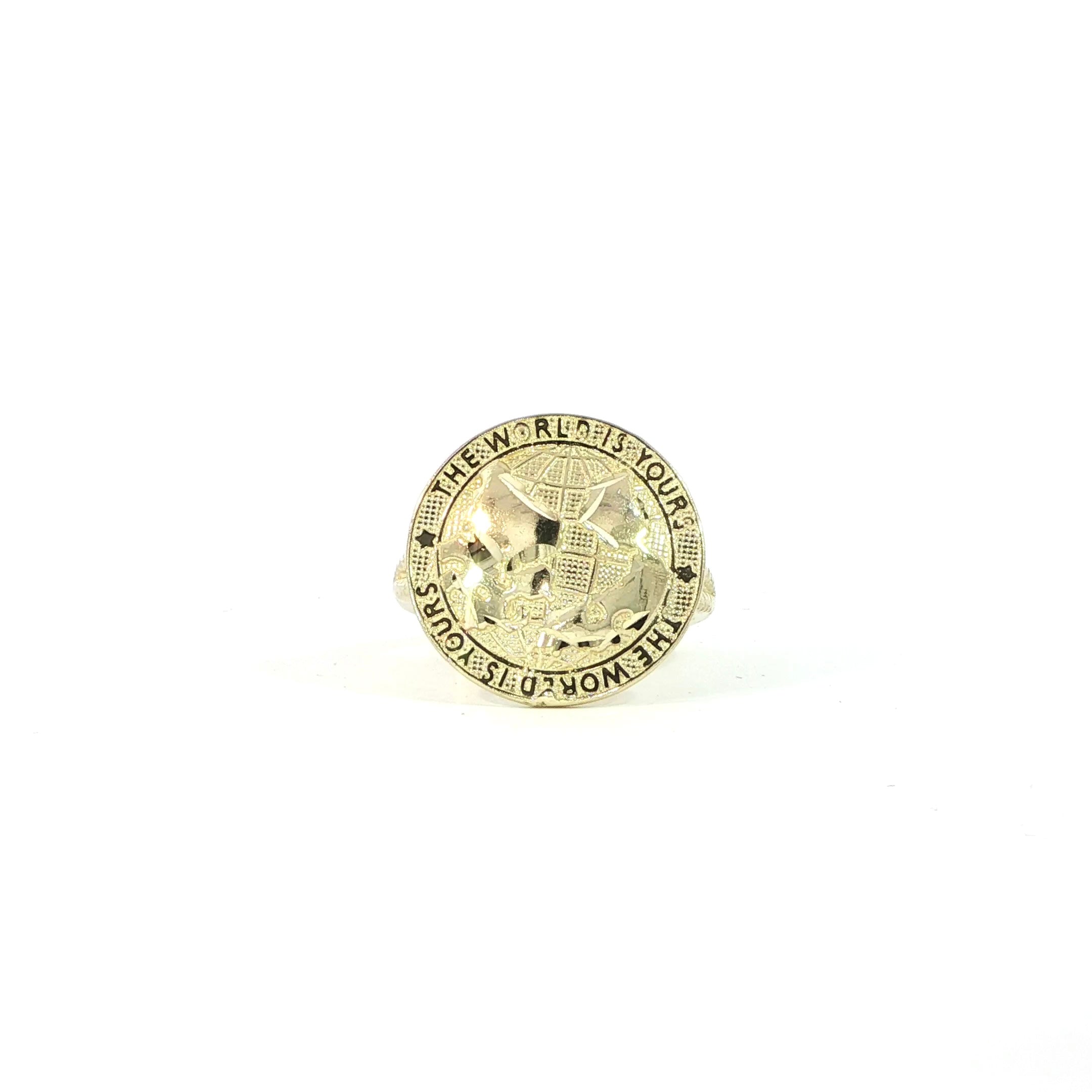 Closeup 10K yellow gold world is yours coin ring