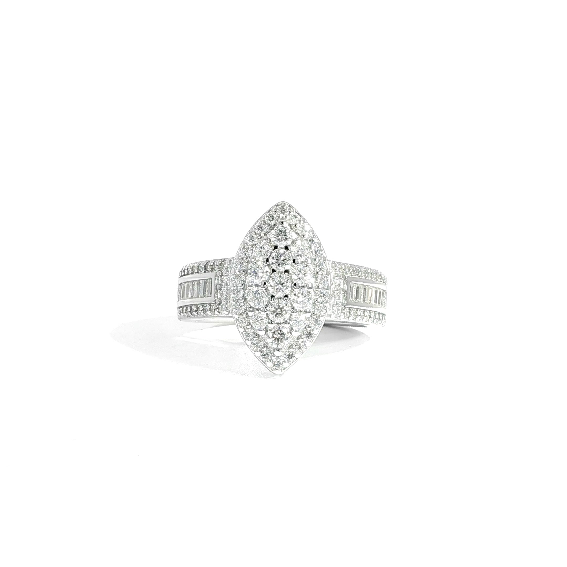 Sterling silver marquise cluster ring moissanite front
