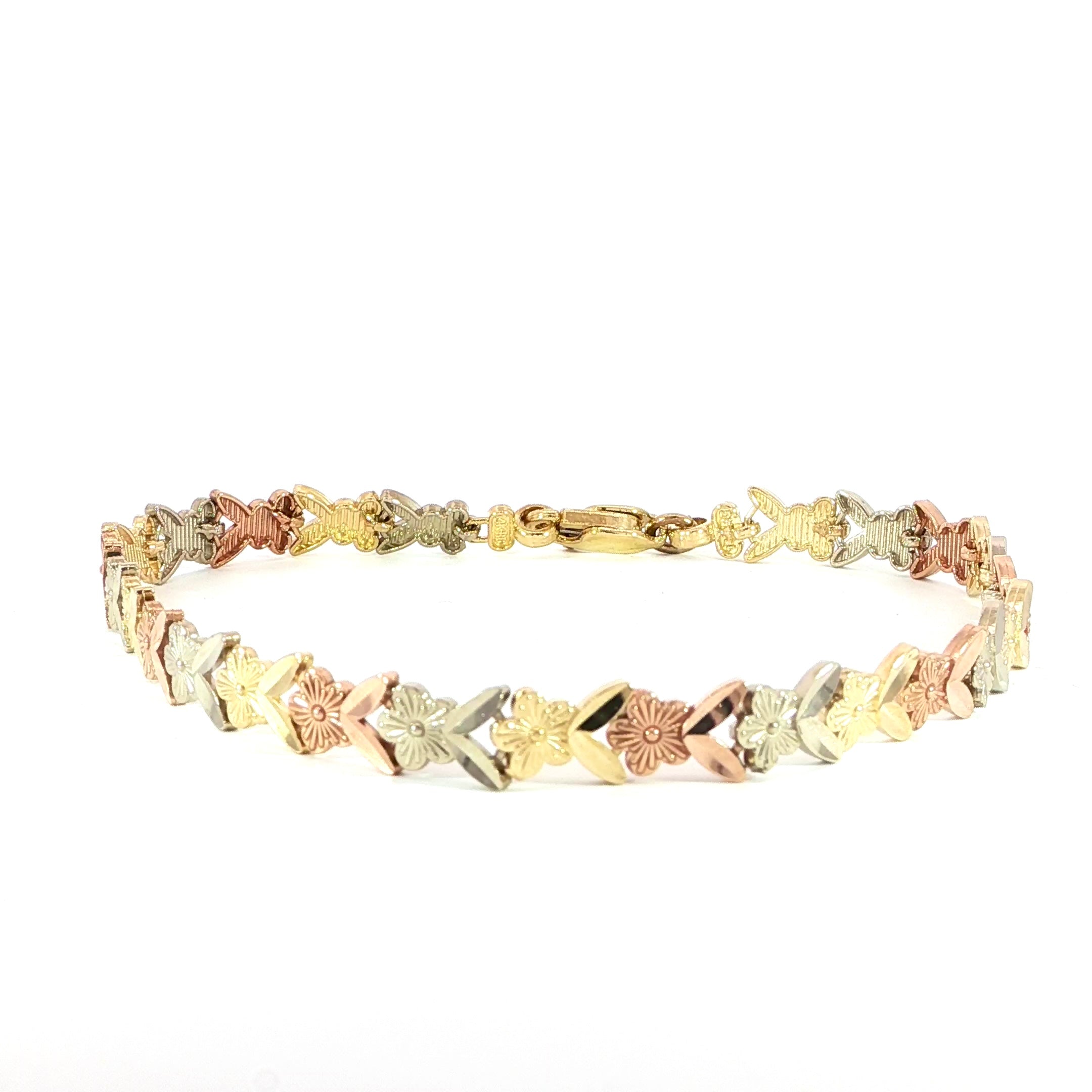 14K Three Color Gold Flower Chevron Bracelet - 5.7MM