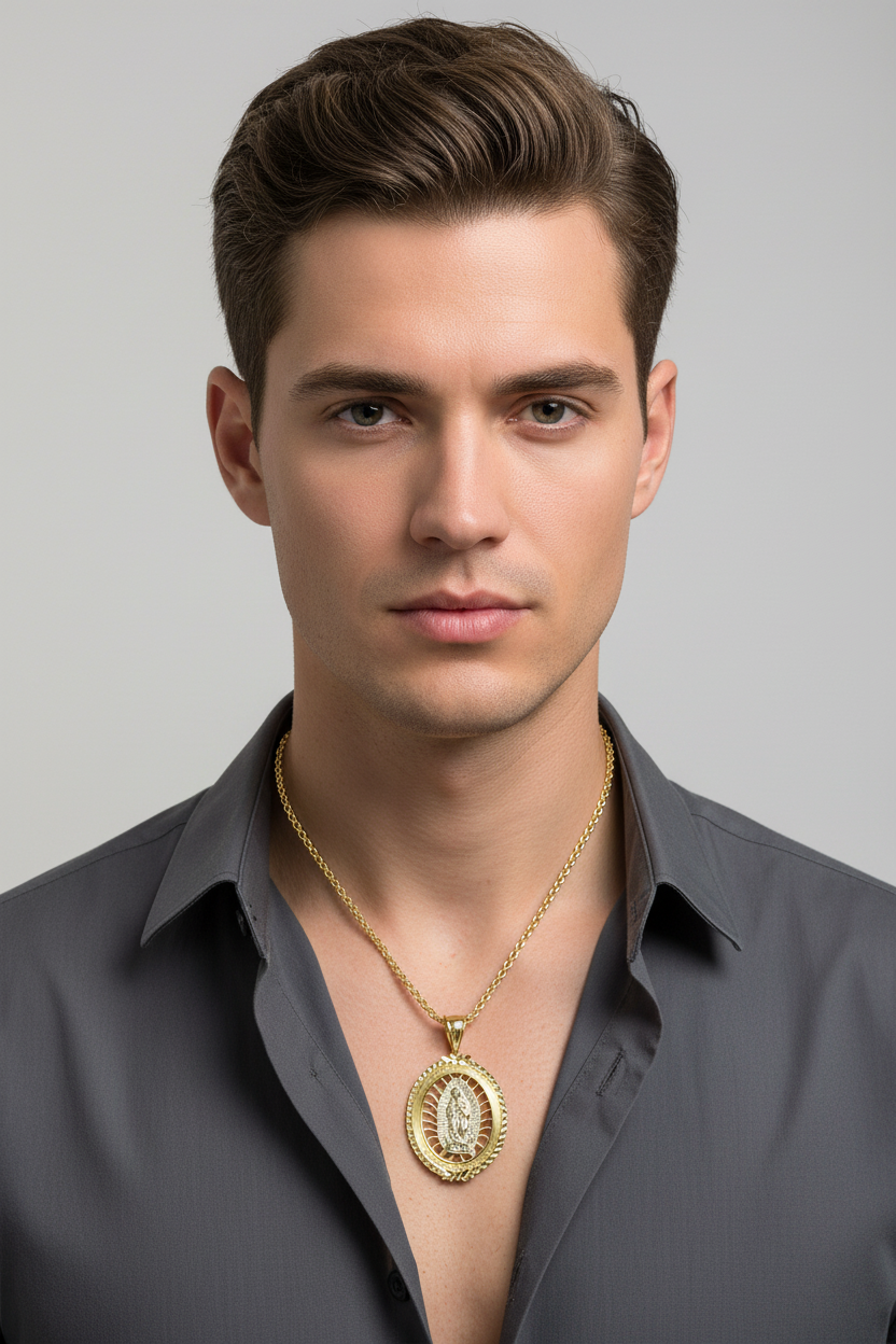 14K Gold Virgin Mary Oval Pendant