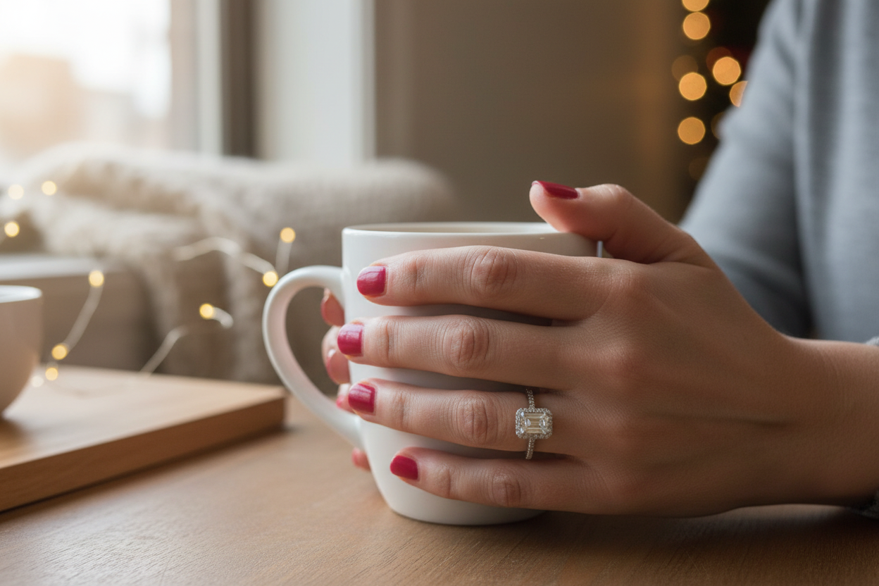 Model wearing emerald cut moissanite ring silver