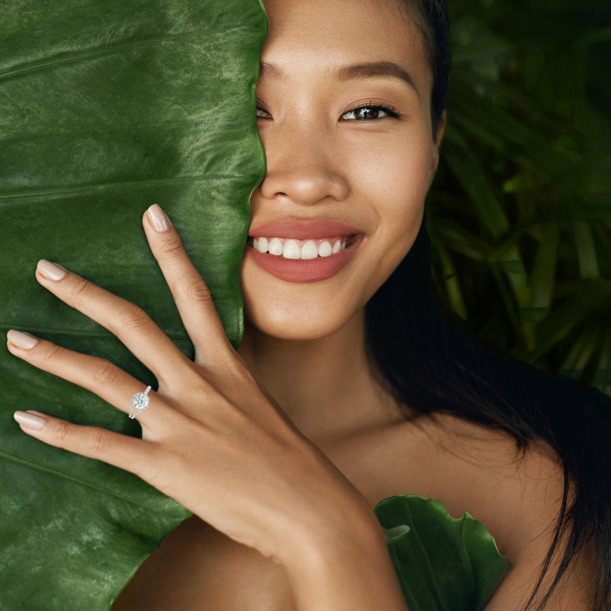 Model wearing high quality lab grown diamond bypass ring
