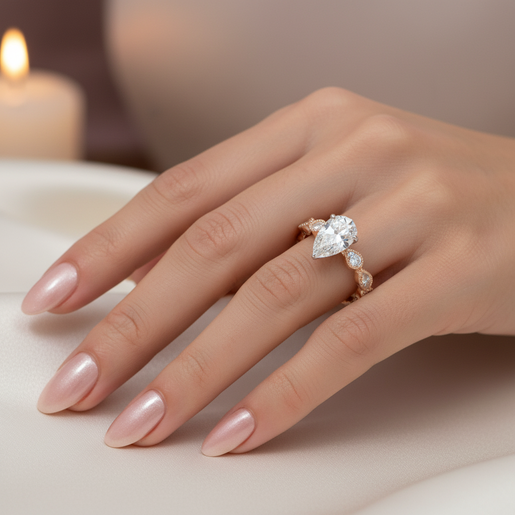 Pear shaped diamond engagement ring with vintage bezel band on model