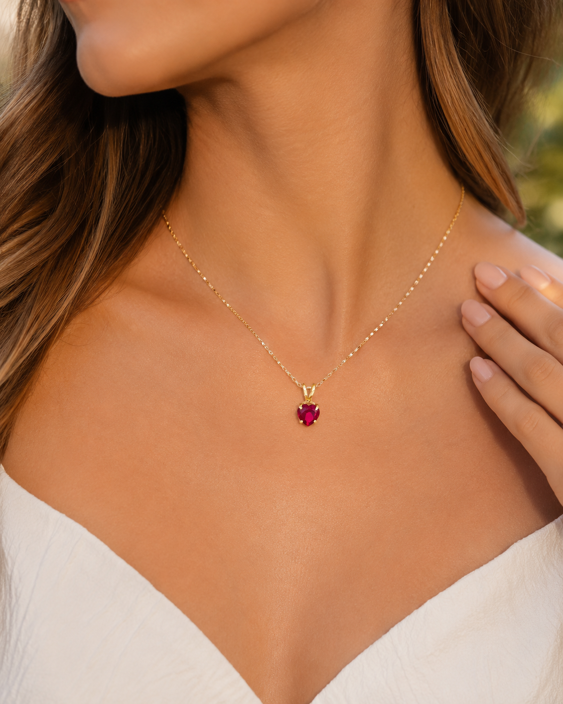 Romantic 14K Yellow Gold Lab Ruby Heart Necklace For Women