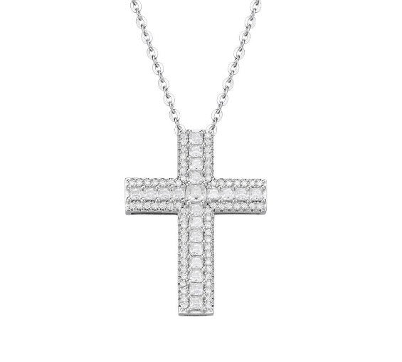 Sterling Silver Princess Cut Cross Necklace – VVS Moissanite 1.80 CTW