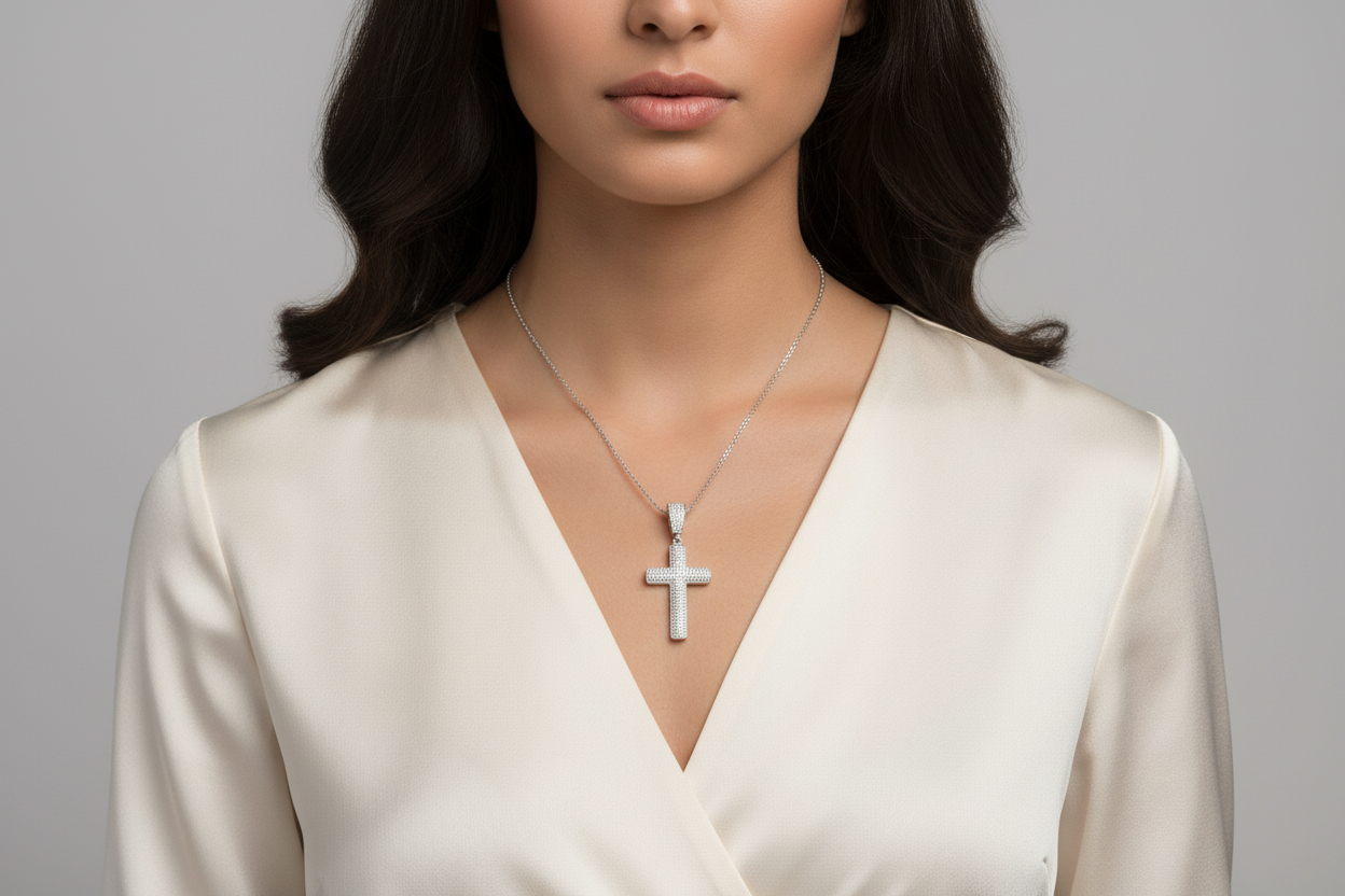 Sterling Silver Pave-Set Cross Pendant – VVS Moissanite 1.5 CTW