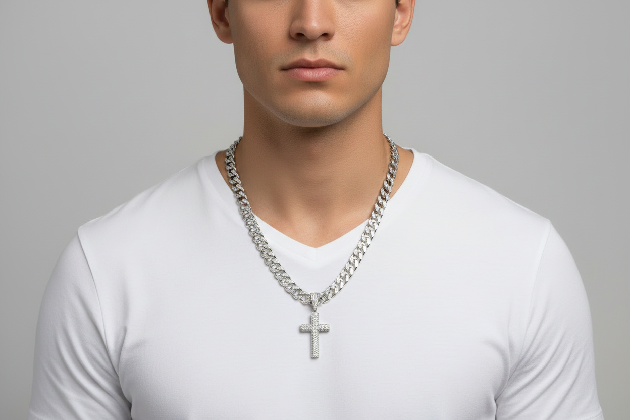 Sterling Silver Pave-Set Cross Pendant – VVS Moissanite 1.5 CTW