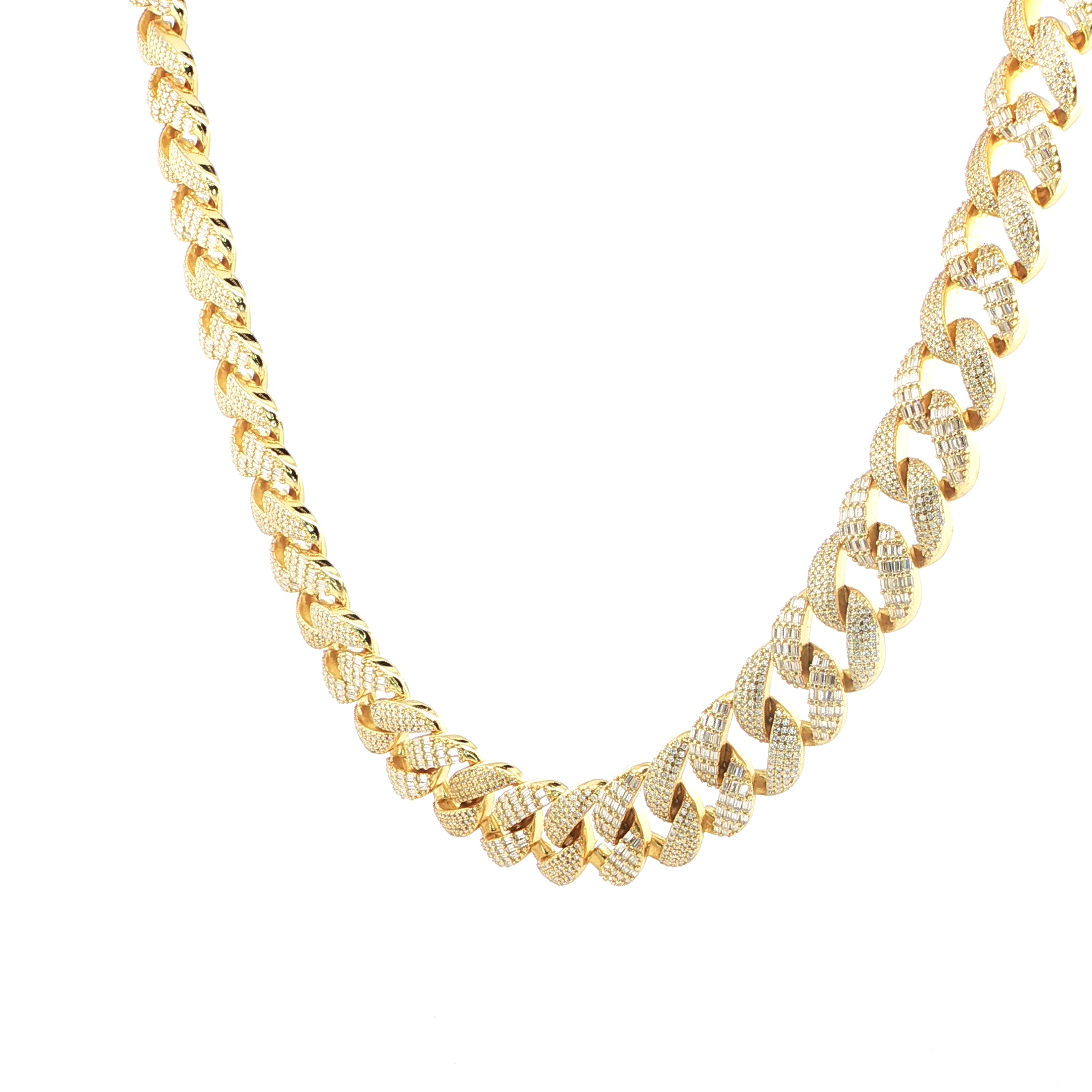 Sterling Silver Solid Miami Cuban Chain Necklace, 16mm, VVS Moissanite Stones, 42.21 Total Carats
