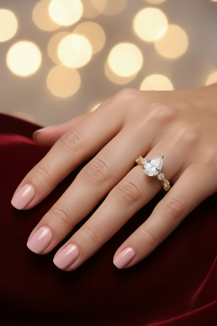 Model wearing pear diamond ring with vintage setting
