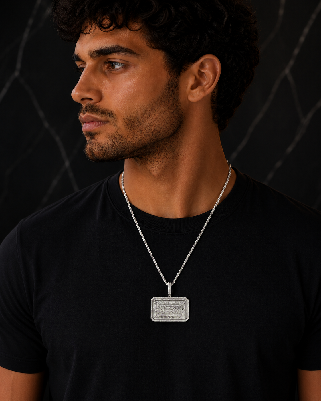 Last Supper pendant with intricate three-dimensional detailing and 9CTW of brilliant moissanites.