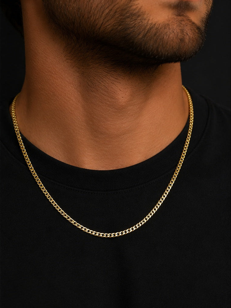 Male Model Wearing 3MM 10K Yellow Gold Cuban Necklace