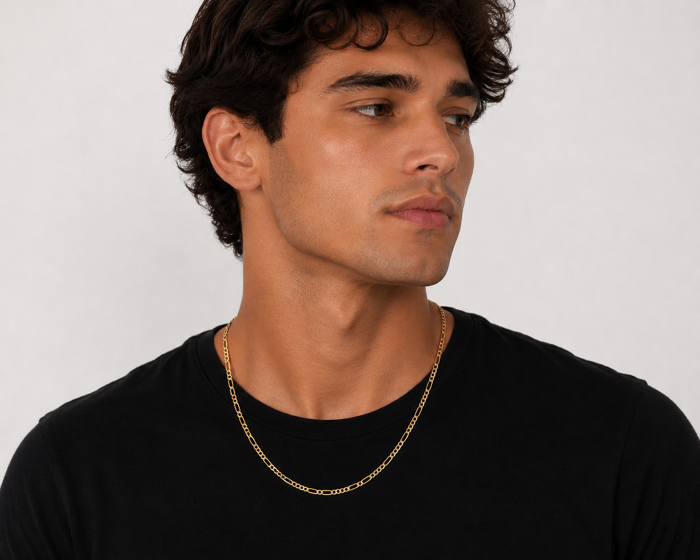 Model Wearing Polished 3.5MM Figaro chain in 10K yellow gold