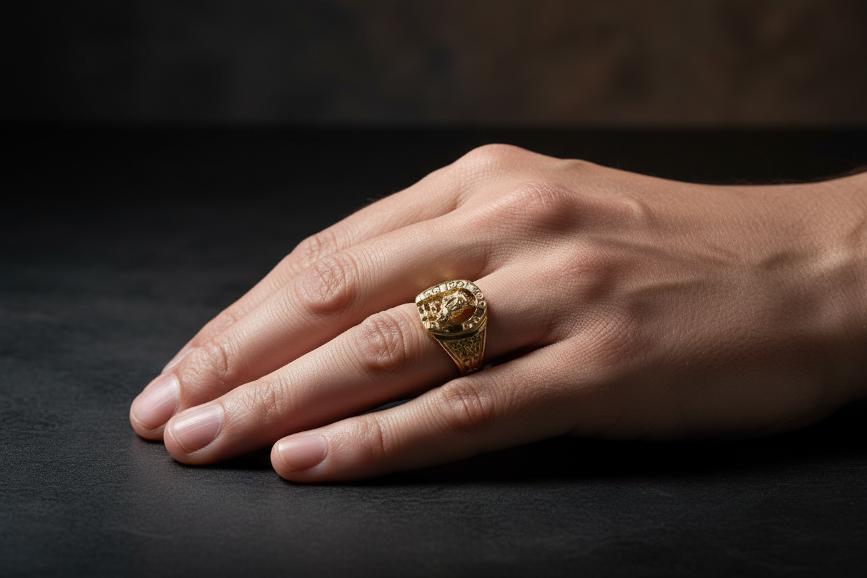 Model wearing 14K gold horse head ring with lucky horseshoe motif