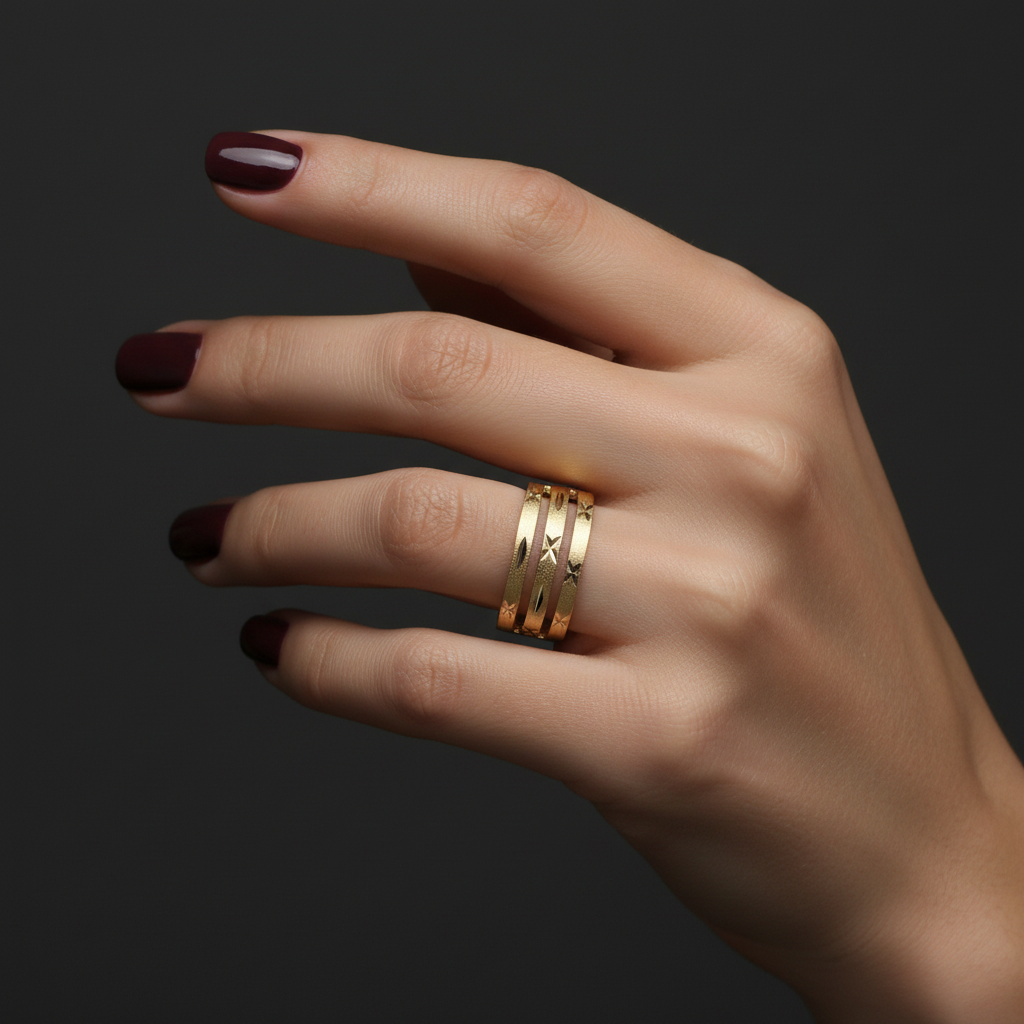 14K yellow gold triple open design star-cut band ring on hand model