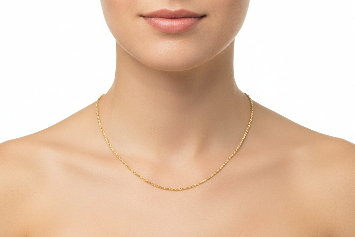Model wearing solid 10K yellow gold rope chain with diamond-cut finish