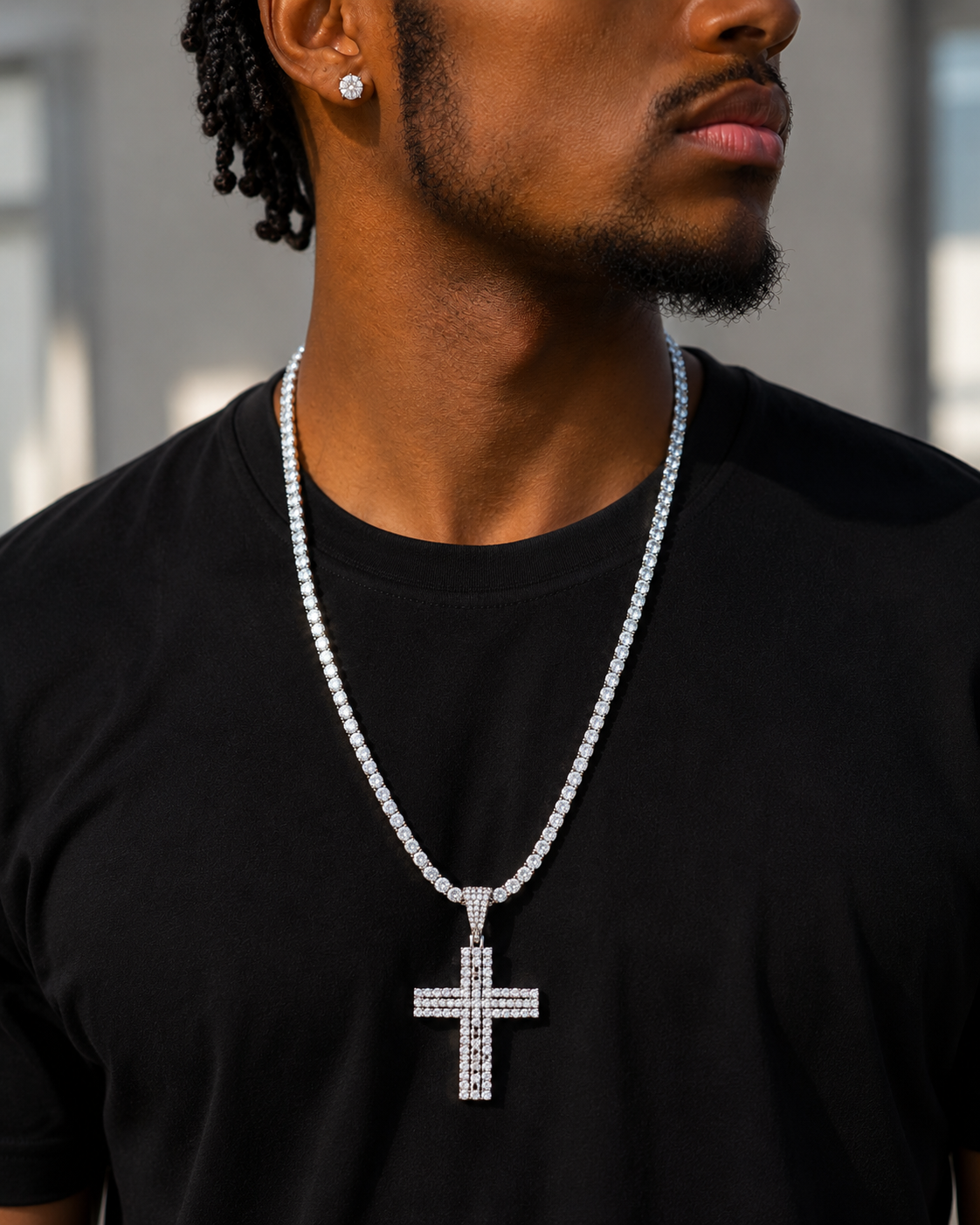 Mens sterling silver cross necklace pendant with VVS moissanite