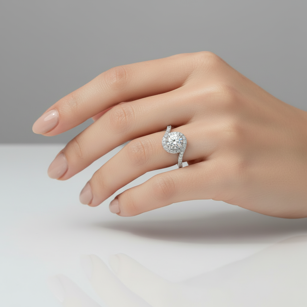 Model wearing lab-grown round diamond ring with elegant bypass setting