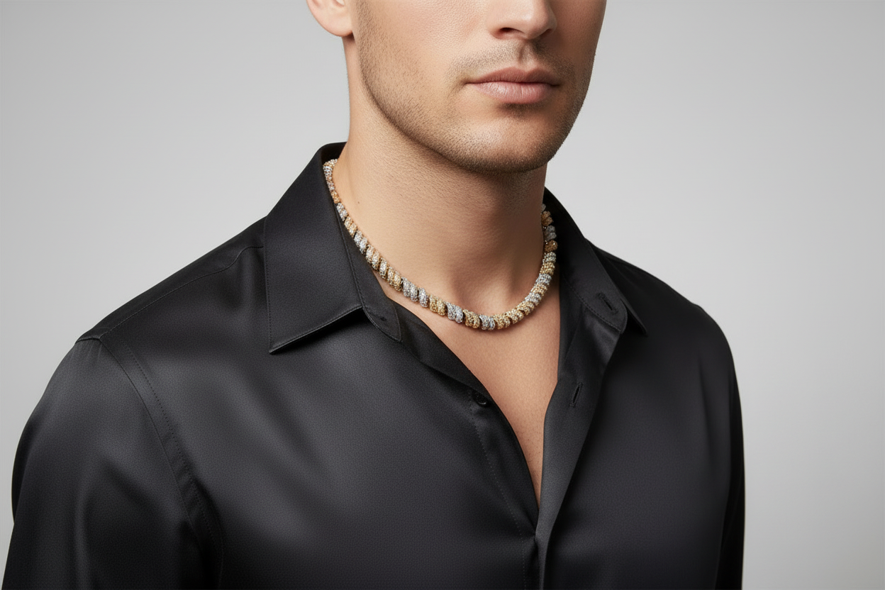 Modern two-tone twisted spiral link chain for men with VVS moissanite