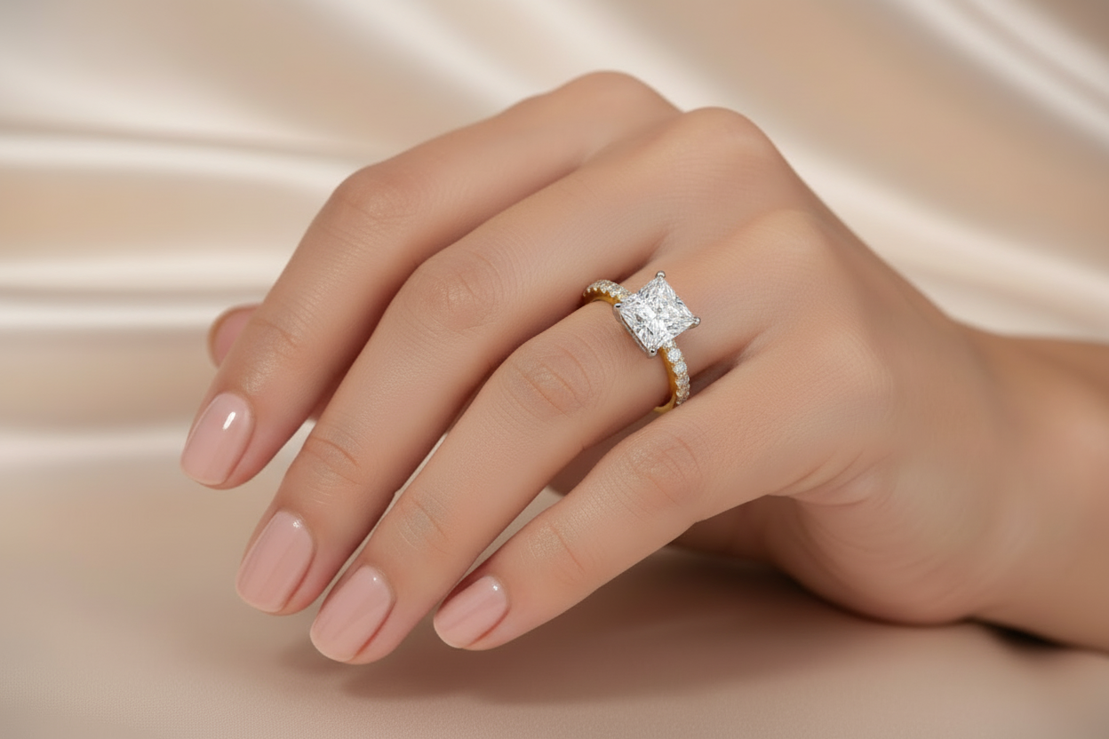 Modern princess cut lab diamond ring with pave band