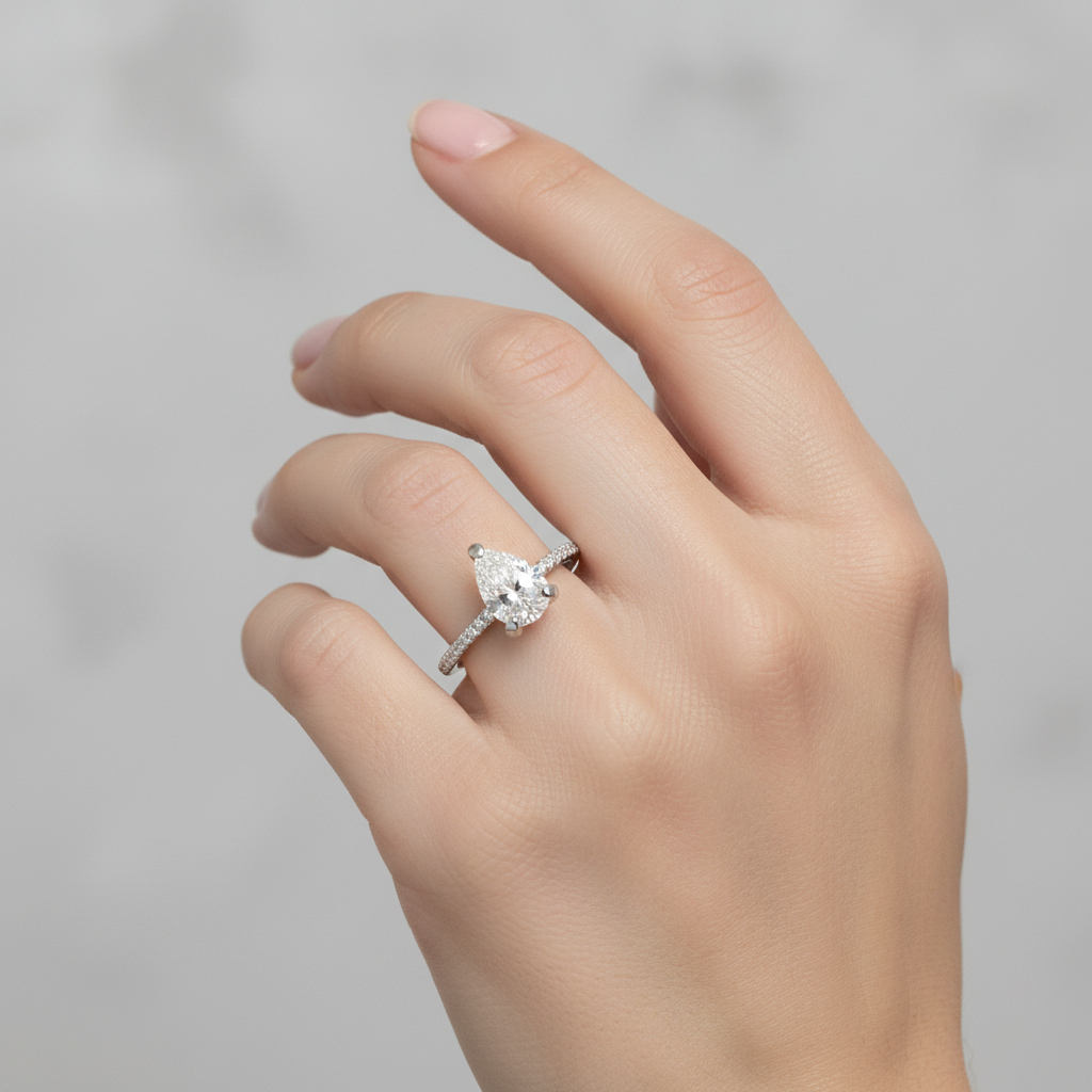 925 sterling silver pear moissanite solitaire ring with hidden halo