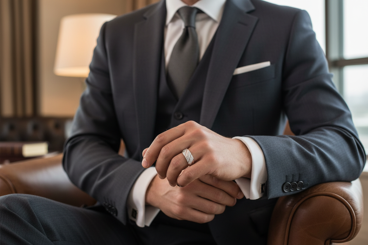Model wearing wide mens diamond ring white gold