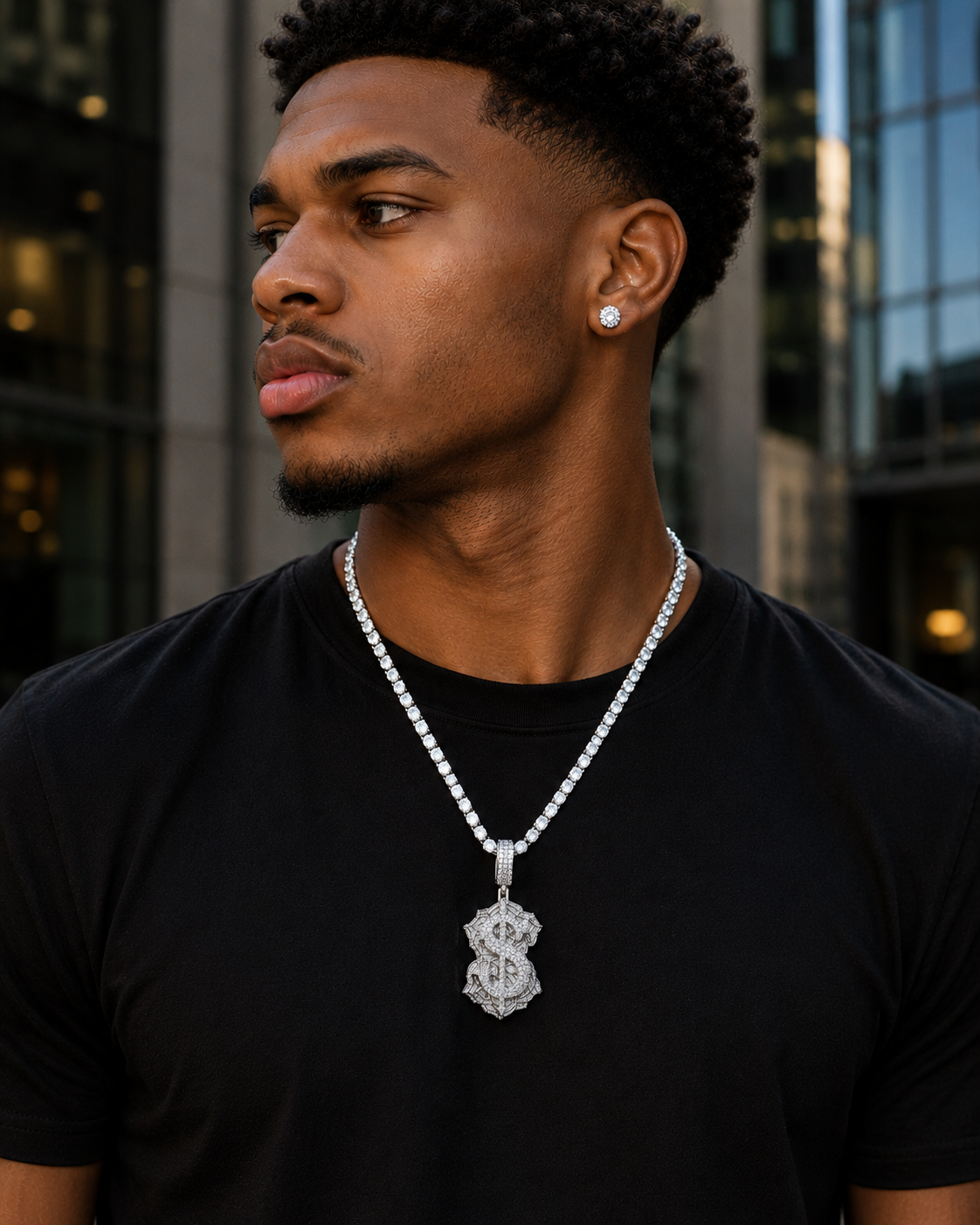 Hip-hop style dollar pendant crafted in sterling silver.