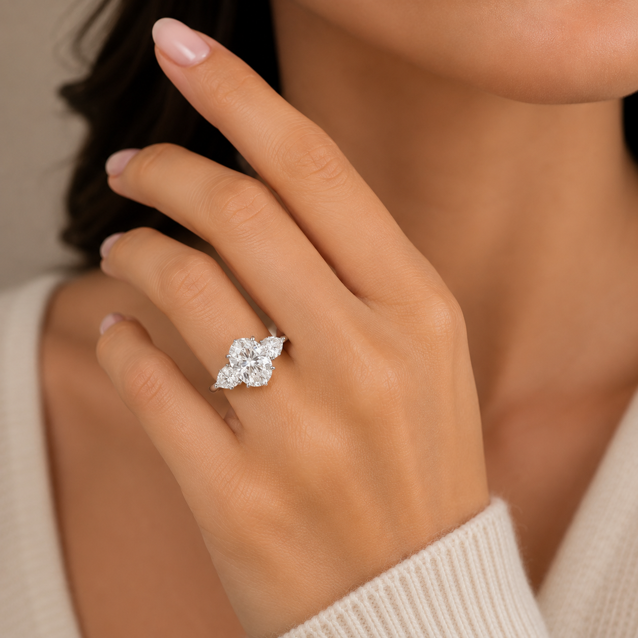Model wearing sterling silver bridal ring with oval 3 CT moissanite center stone