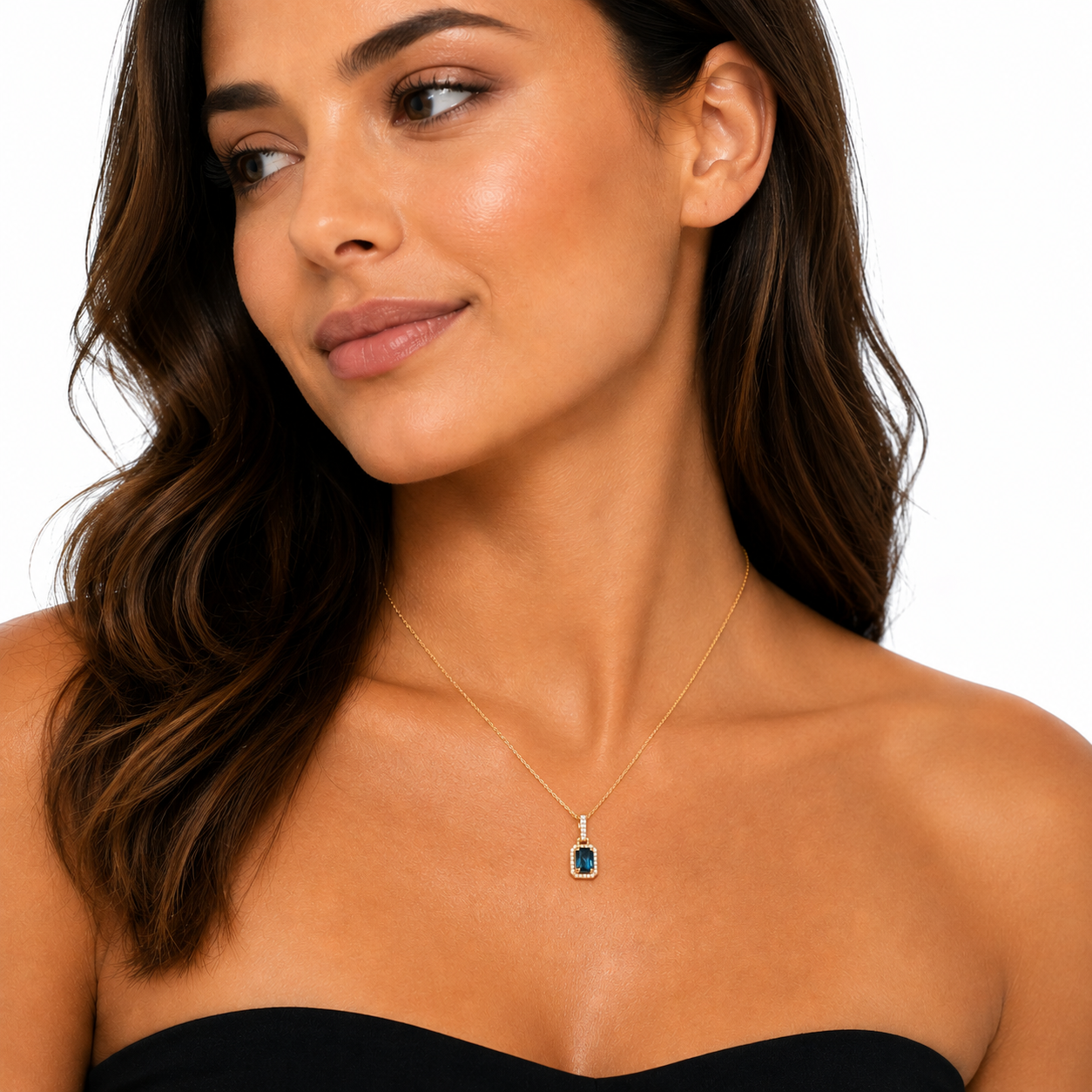 London Blue Topaz with Natural Diamond Halo Pendant on 14K Gold Chain