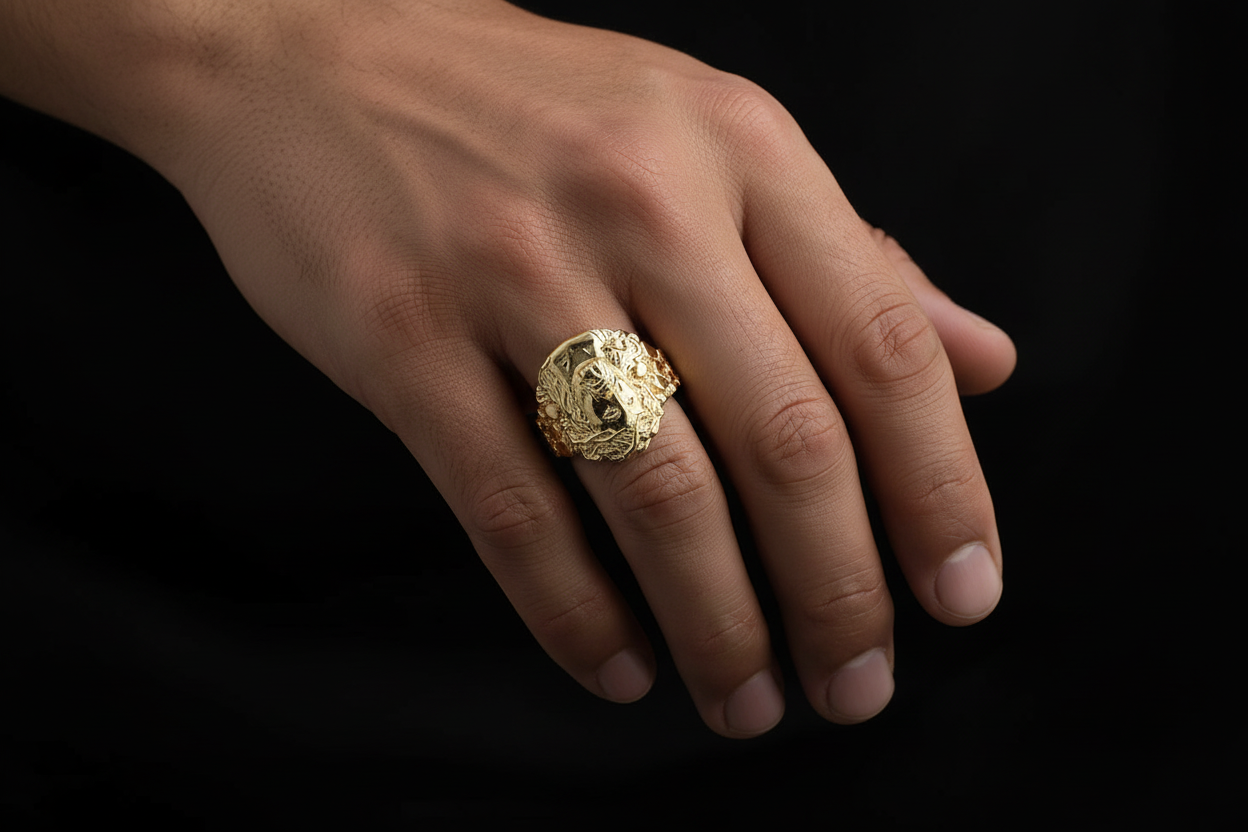 Yellow gold Jesus head nugget ring model