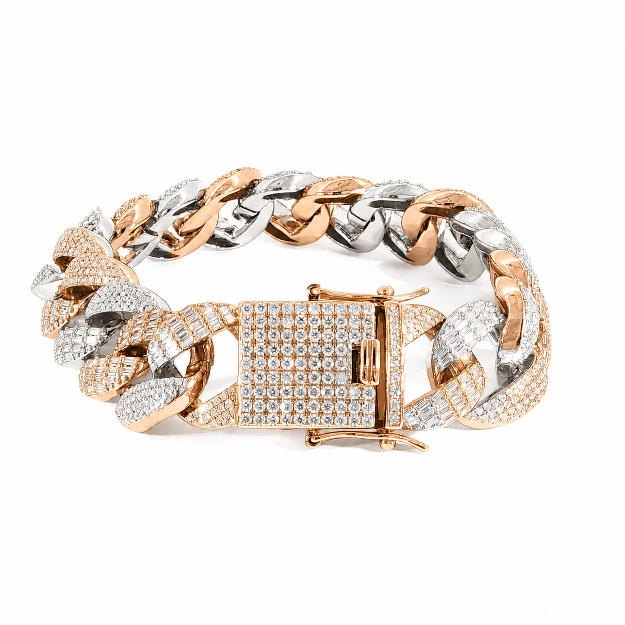 Luxury men's Cuban link bracelet crafted in sterling silver with 17.84 carats of VVS moissanite.